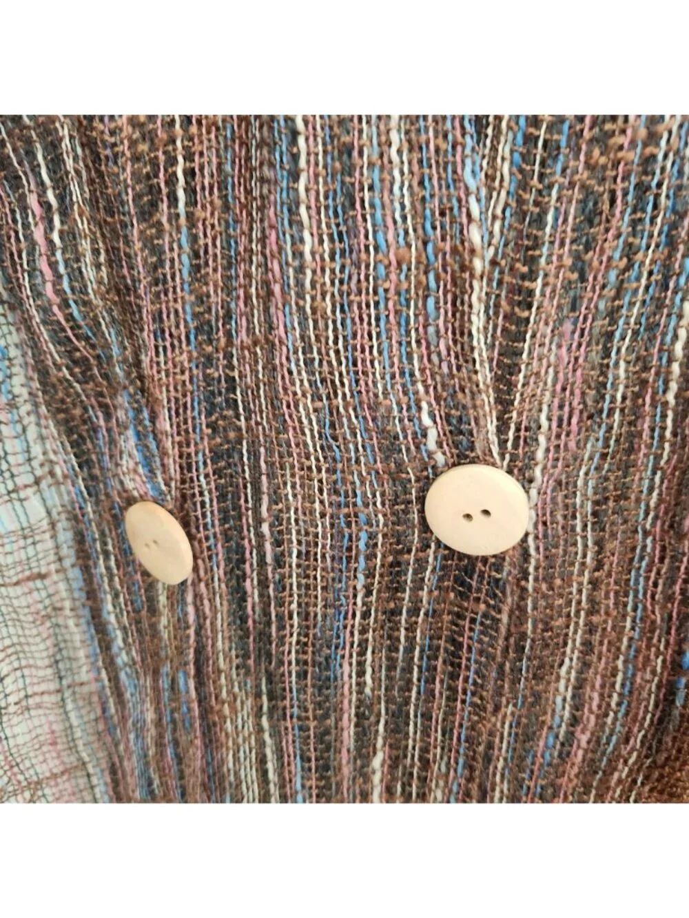 Handwoven Boho Scarf With Brown & Multicolor Panels Fringed Ends & Decorative Bu